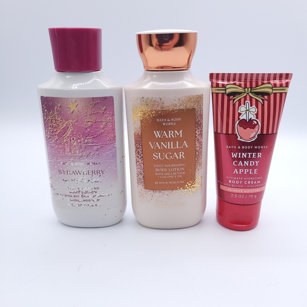 Lot x 3 Bath and Bodyworks Body Lotion Straw Snowflake Warm Vanilla Winter Apple